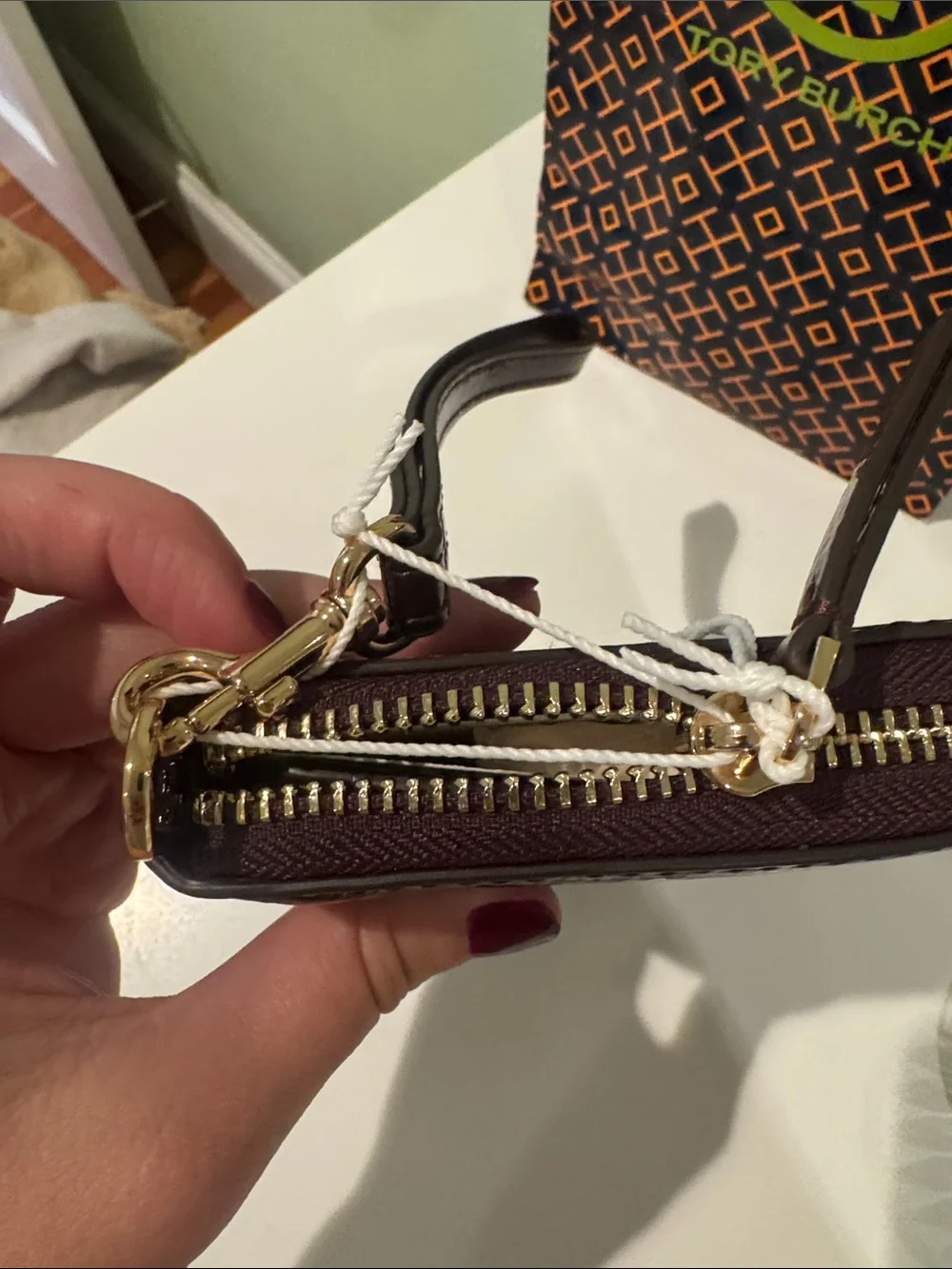 Tory Burch Patent Leather Phone Wristlet - Deep Burgundy with Gold Logo